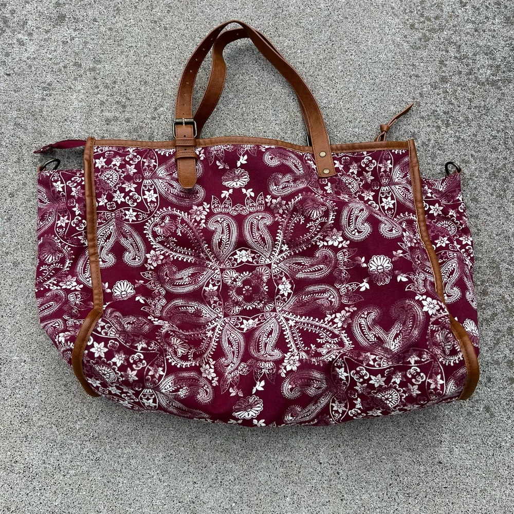 Mossimo Boho Paisley Tote Bag Maroon Canvas Leather Trim XL Shoulder Bag Vintage - Picture 2 of 7